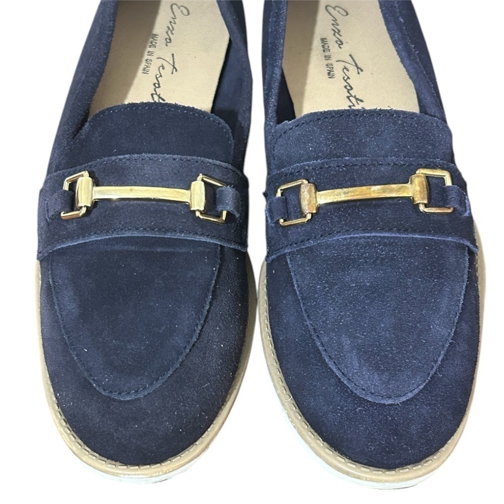 Enzo Tesoti Leather Suede Low Heel Loafer Sz 8.5 US (39 EU) Navy w/ Gold Accent - Picture 8 of 13